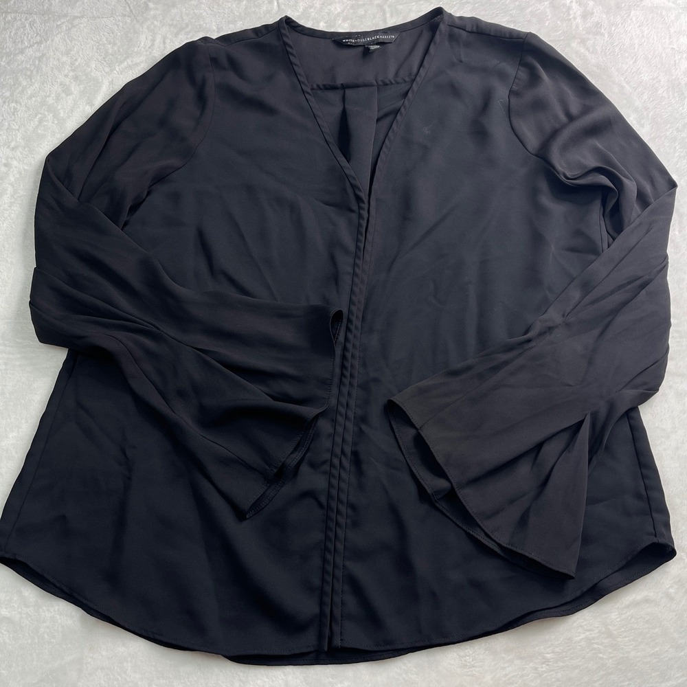 White House Black Market Black Bell Sleeve V-Neck Blouse Sz M Top Dark Academia